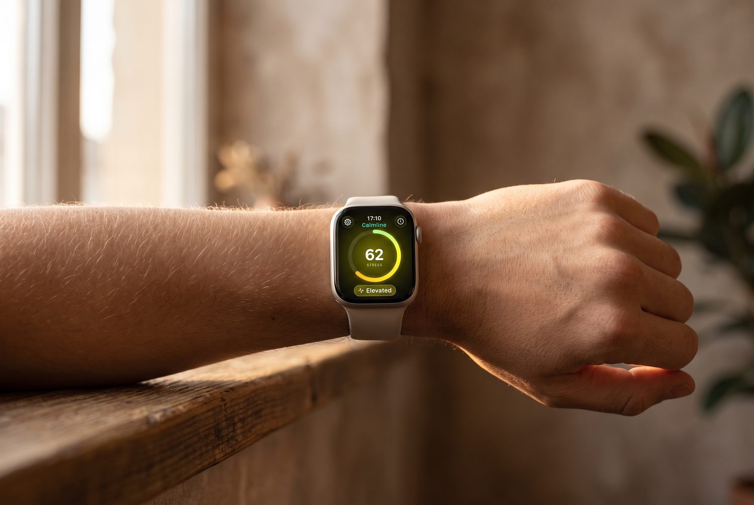 Calmline showing an elevated score of 62 on a watch by a window