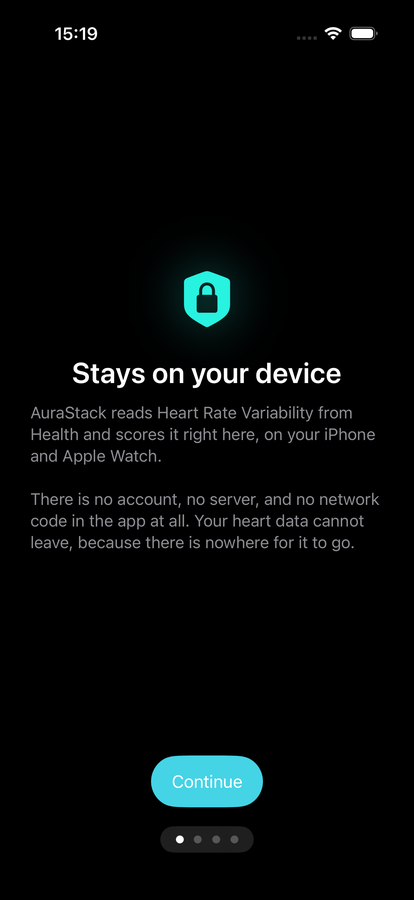 Calmline onboarding explaining that data stays on device